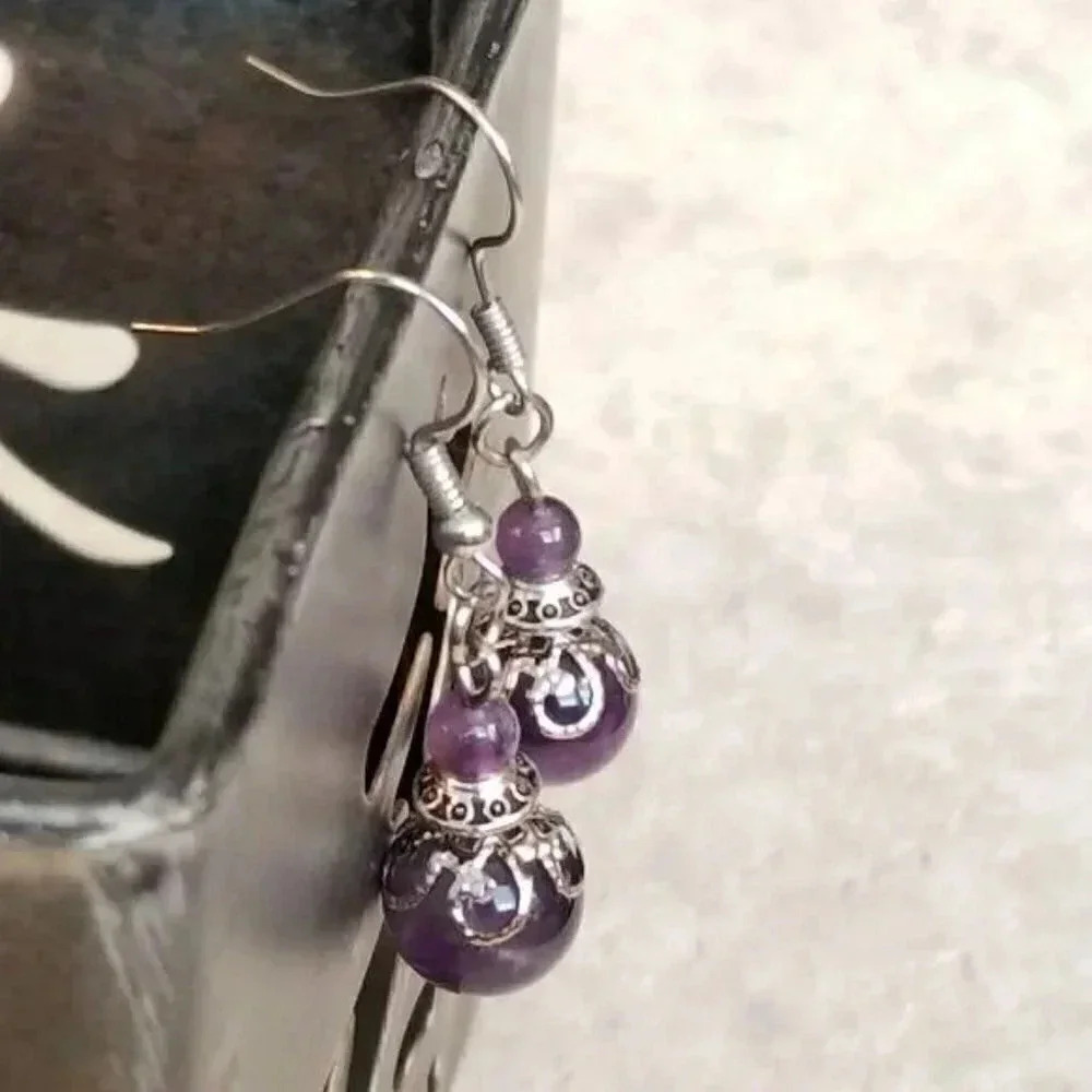 Victorian Lace Amethyst Gemstone Drop Earrings - Picture 2 of 4